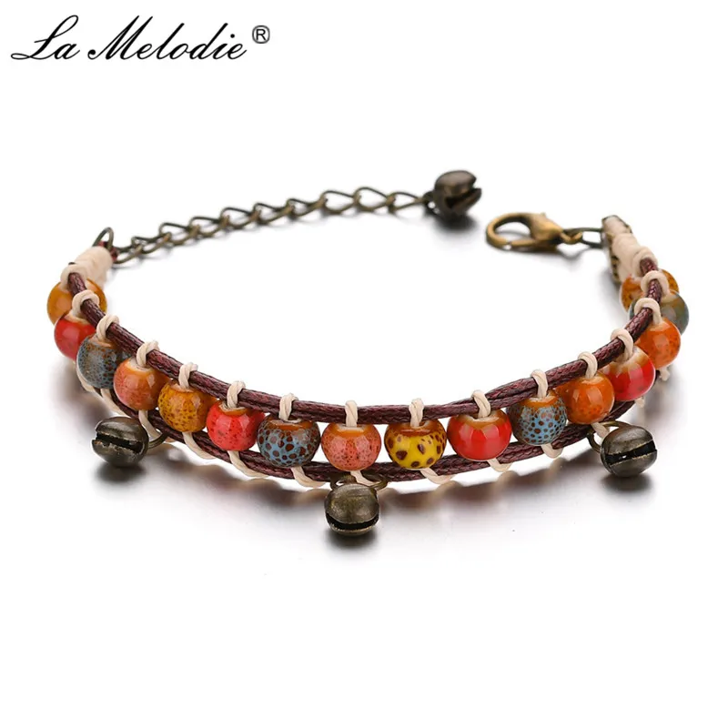 

New Hand Weaving Rope Chains Ceramic Bells Beads Boho Charms Bracelet for Women Bohemian Bracelet/Bangles Woman Ethnic Jewelry