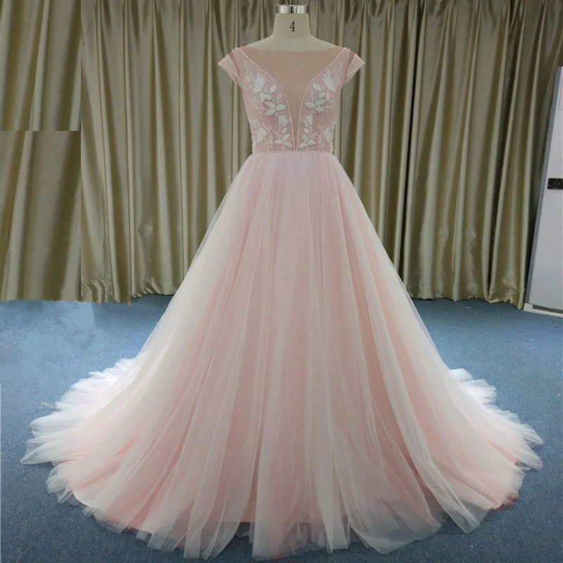 

V Neck Wedding Dresses Pink Champagne White Floor Length Applique Cap Sleeveless A Line Tulle Bridal Dress Vestido De Noiva