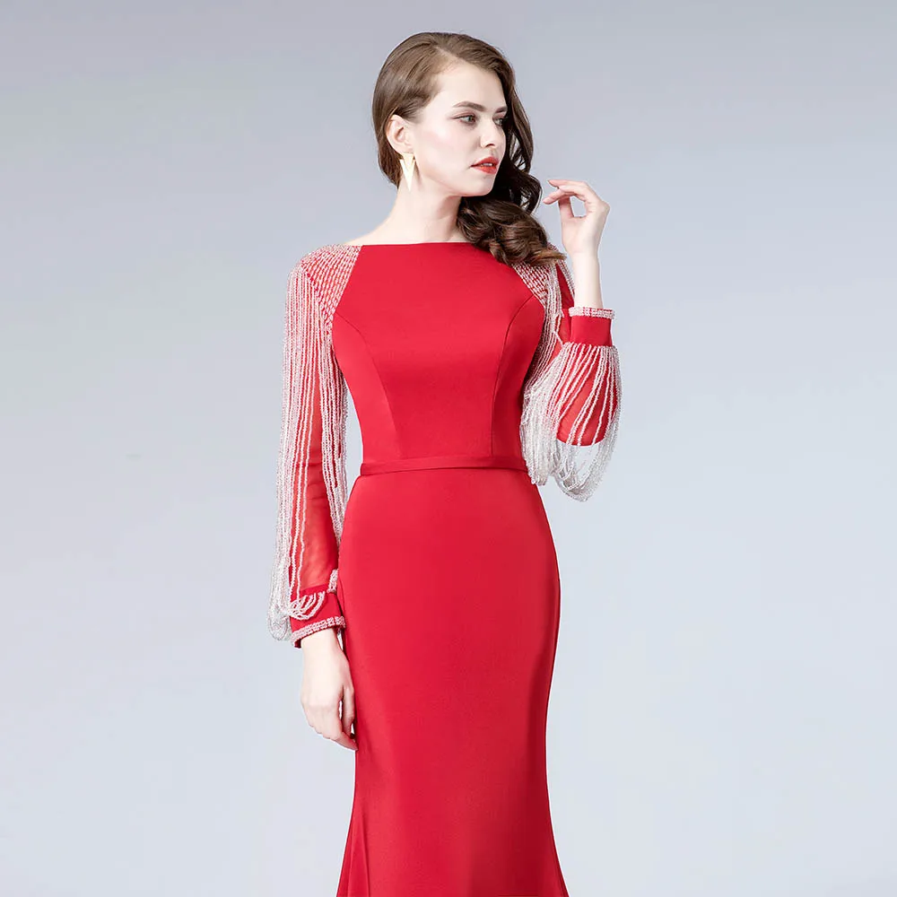 Красный длинный рукав с бисером вечерние платья вечернее платье-русалка платье Vestidos Robe De Soiree