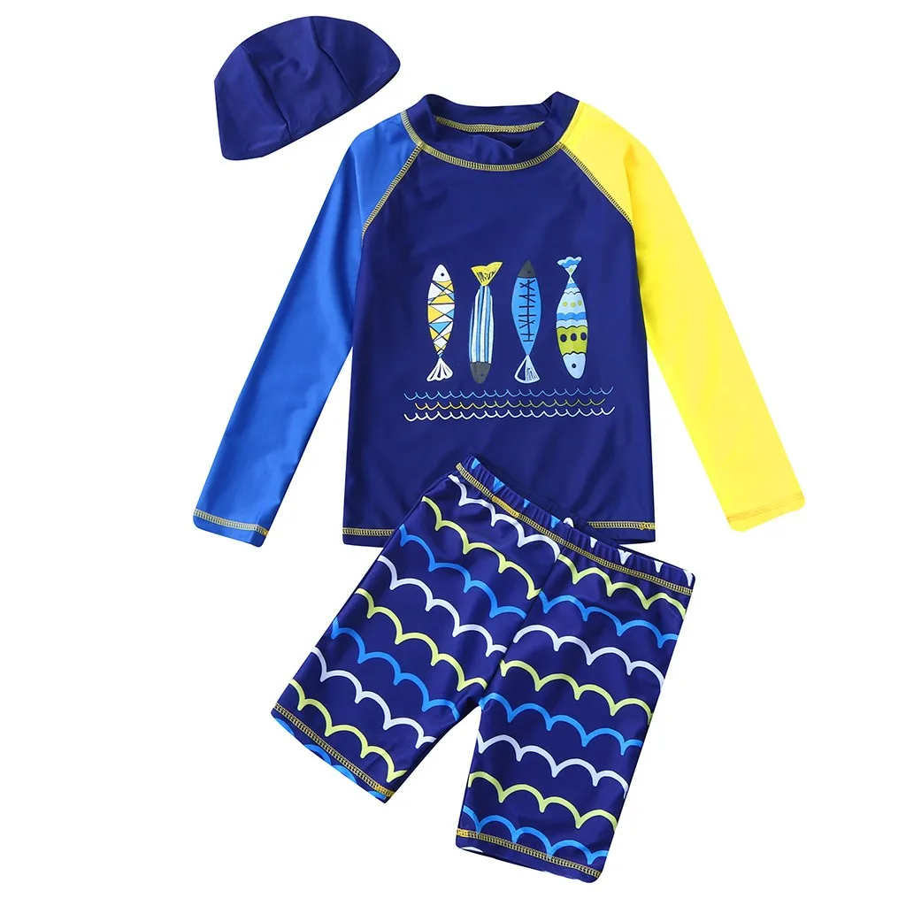 

TELOTUNY Fashion Lovely Baby 3PCS Children Kids Boys Girls Cartoon Fish Tops+Wave Shorts+Hat Sunsuit Swimwear Sets Z0129