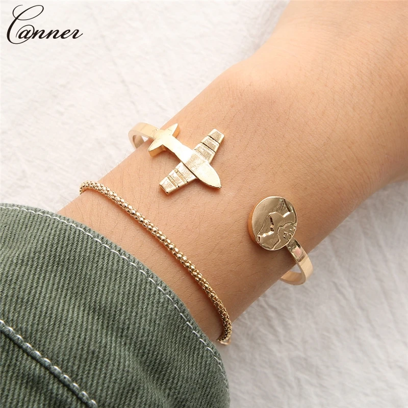 

2pcs/set World Map Air Plane Open Cuff Bangles Bracelets for Women Charm Bracelet Gold Chain Bracelet Femme Jewelry Q45