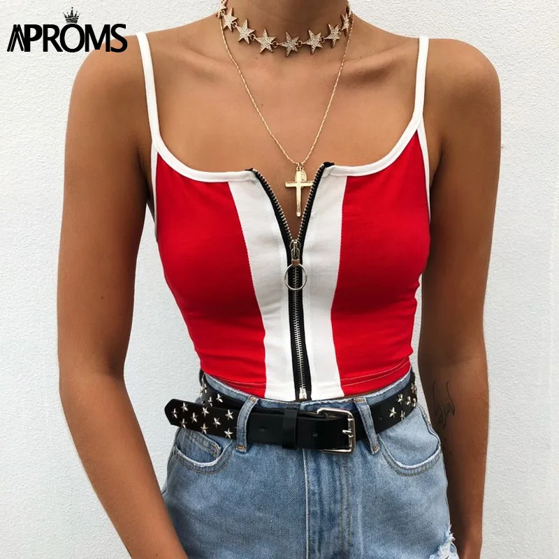

Aproms Red Color Block Basic Camis Women Casual Sporty Crop Top 90s Cool Girls Hoop Zipper Tank Tops Female Cropped Tees