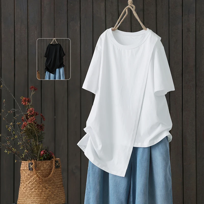 

2019 Spring and Summer Cotton Causal T-shirts Irregular Short Solid O-Neck T-shirts Loose Women T-shirts
