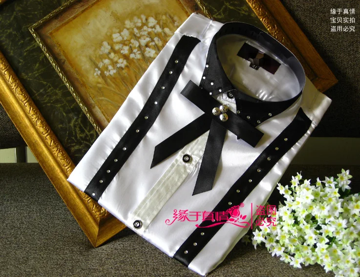 2016 New White black Patchwork Long sleeved Men Shirt Wedding Prom Groom Shirts Wear Bridegroom Man