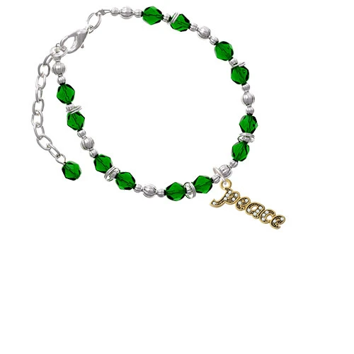 Goldtone Crystal Script ''Peace'' Green Beaded Bracelet