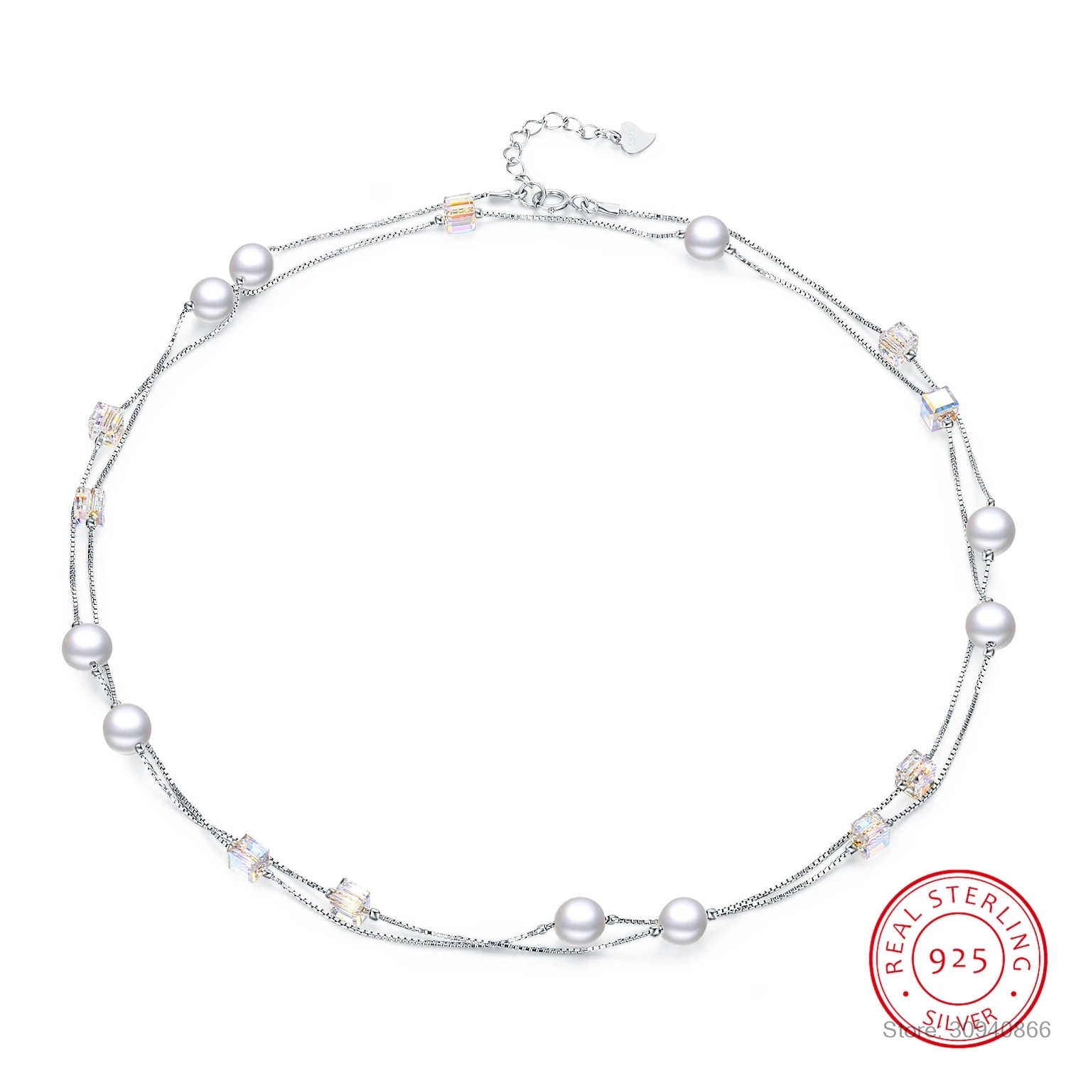 

LEKANI Crystal From Swarovski 925 Sterling Silver Chain Floating Pearl Necklace Charm Wedding Event Choker Necklace Fine Jewelry