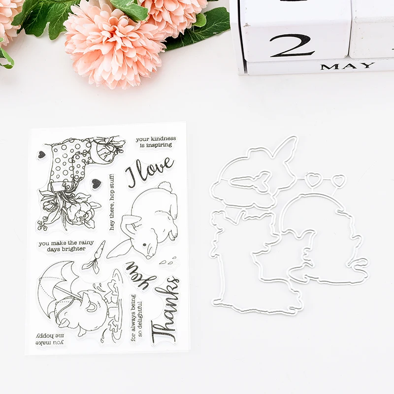 

Z112 Rabbit Flower Metal Cutting Dies or Transparent Clear Stamp for Scrapbooking DIY Embossing Folder Template Crafts