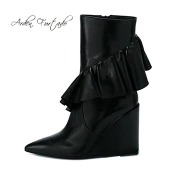 

Arden Furtado 2019 autumn winter zipper wedges boots large size 45 pointed toe ruffles mid calf half boots fashion women's shoes