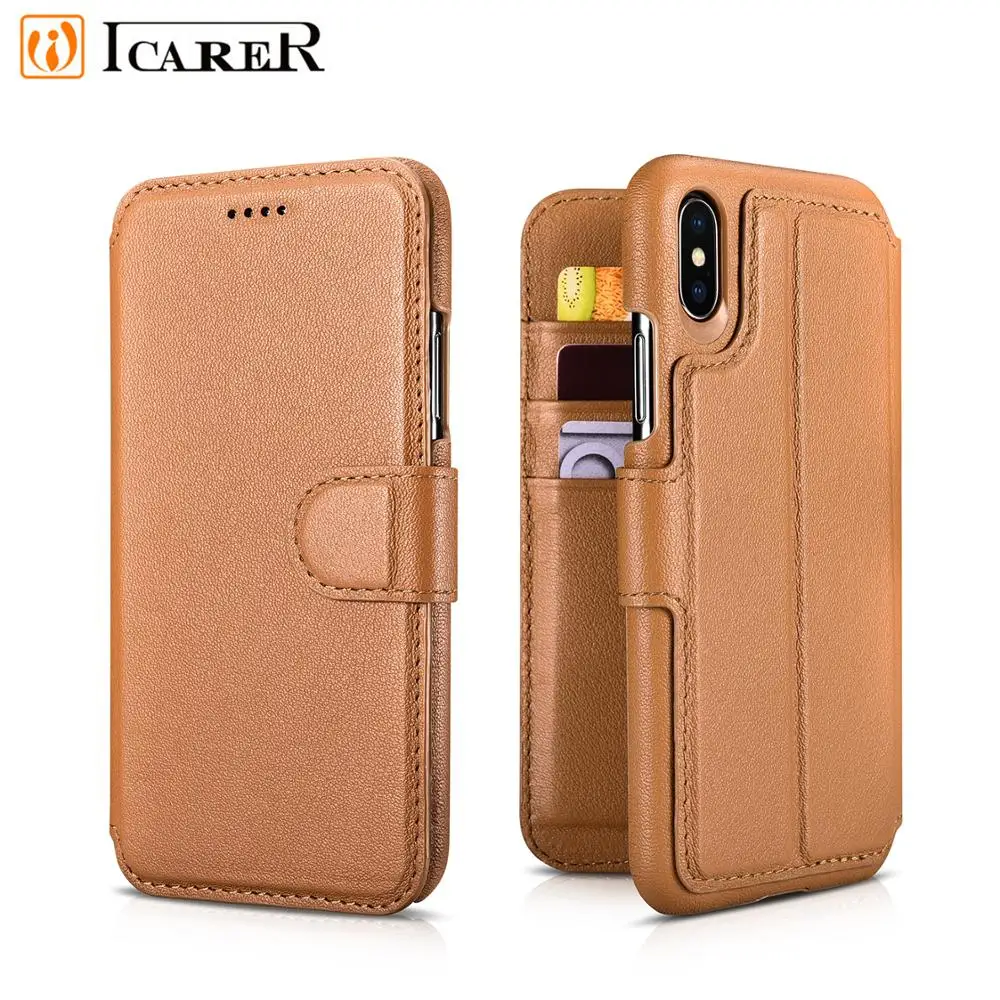 

ICARER NAPPA Genuine Leather Cover Luxury Wallet Folio Case For iPhone XS 2 in 1 Magnetic Back Case