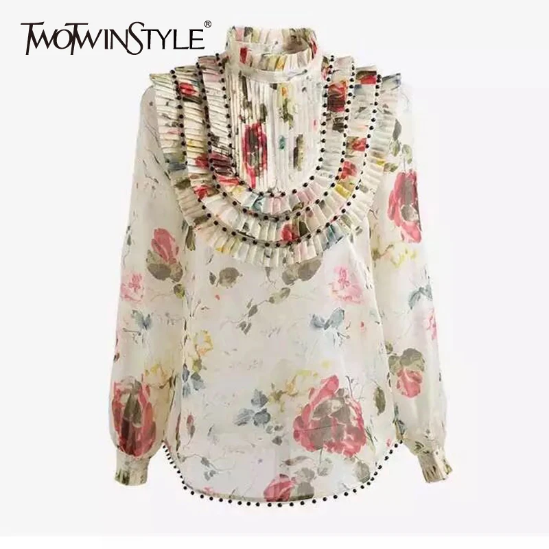 

TWOTWINSTYLE Spring Print Pleated Patchwork Shirt Women Turtleneck Long Sleeve Big Size Female Blouse Casual Fashion 2019 Tide