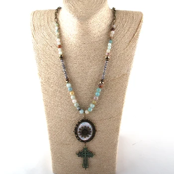 

Dropship Fashion Jewelry Amazonite Natural Stone & Glass Crystal Long Chain Cross Pendant Necklaces For Women Ethnic Necklace