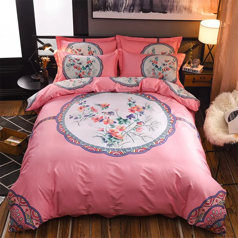 Posodono Chinese pink Boho style bedding set 100 cotton bedsheet bed linen 4pcs queen king size