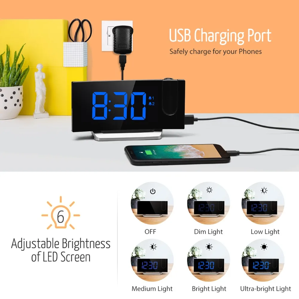  MPOW LED FM Projection 2 Alarms Clock Multifunctional 5-inch Curved Screen 5 Levels Display Brightn