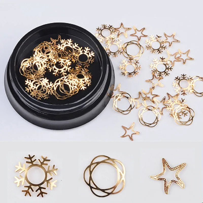 

New Christmas 1 Box Gold Hollow Nail Art Decoration Snowflake Star Nail Jewelry with Designs Irregular Nail Accessories Tools