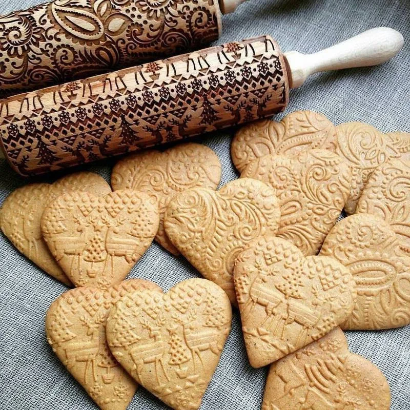 

Christmas Embossing Rolling Pin Baking Cookies Wooden Roller Engraved Reindeer Embosse Biscuit Fondant Cake Dough Patterned Tool