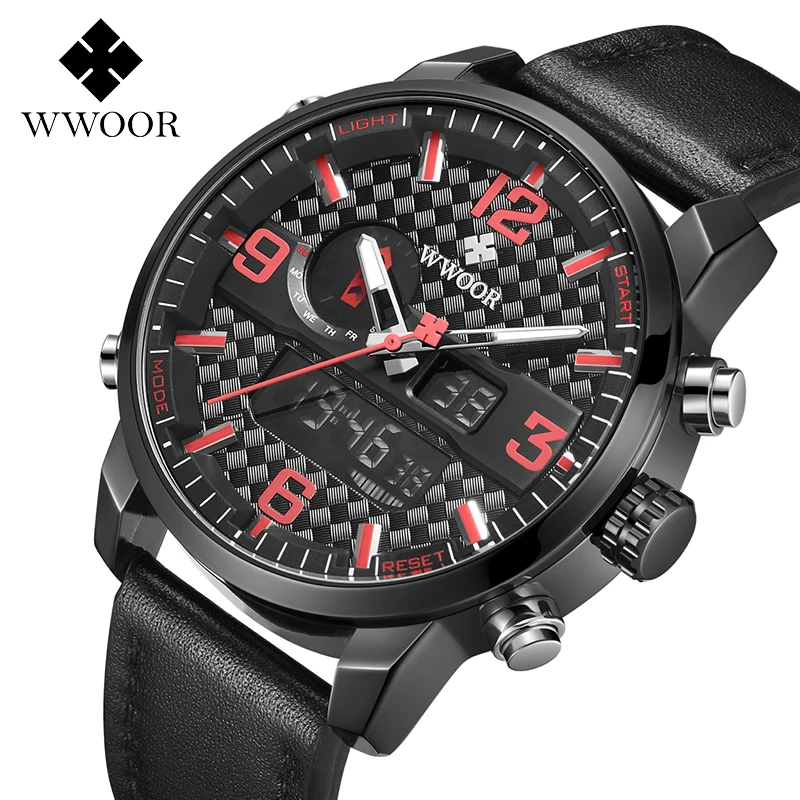 

2019Mens Watches To Luxury Brand Men Leather Sports Watches WWOOR Men's LED Digital Clock Waterproof Military Quartz Wrist Watch