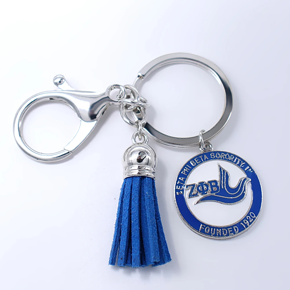 

Personalized enamel metal greek society ZETA PHI BETA sorority round badge pendant keychain delicate long tassel key chain