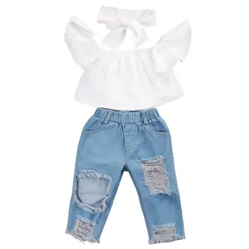 

Toddler Kid Girls Clothing Off Shoulder Sleeve Tops Vest Ripped Hole Pants Outfits Baby Girl Clothes Set