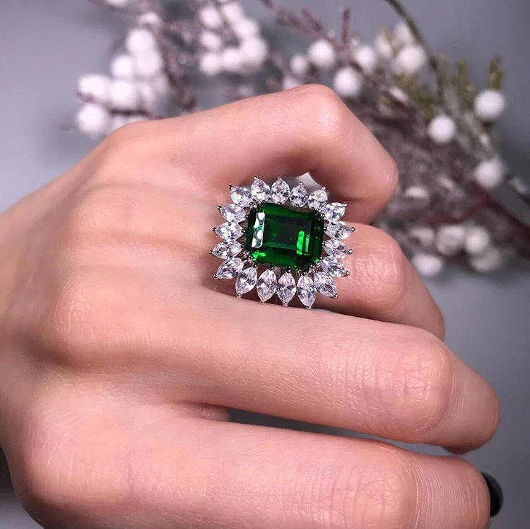 Роскошные 4.5ct Изумрудный коктейльное кольцо 100% реальные 925 пробы серебряные