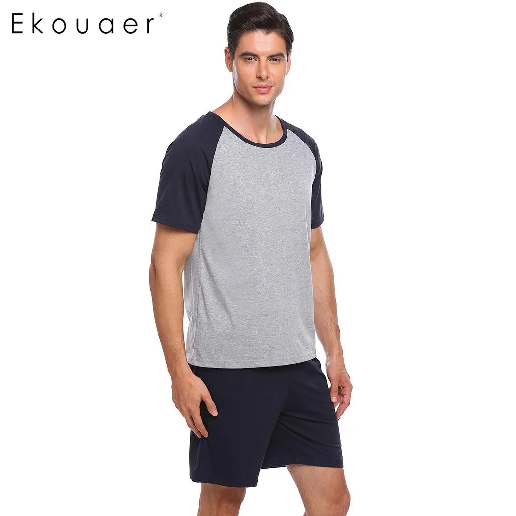 Ekouaer Men Patchwork Pajamas Short Sleeve Tops with Elastic Waist