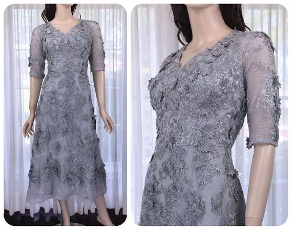 

Silver Grey Lace appliques Mother of the Bride Dress vestidos de noivas lakshmigown