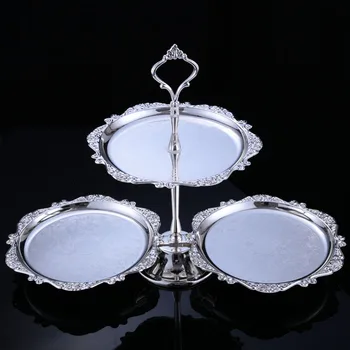 

10pcs/lot Luxuries Beautiful Metal Silver 2 Layer Cake Stand 3 Plates Dessert Fruit Trays for Wedding Event Dessert Decoration
