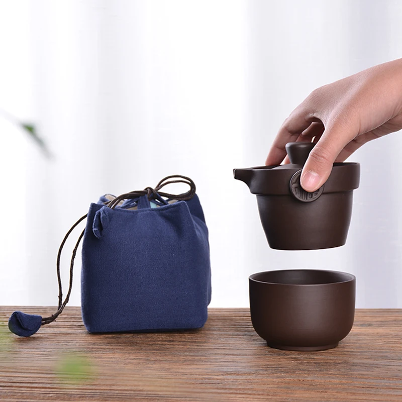  Purple sand one pot two cups portable travel bag simple ceramic Kung Fu tea set filter teapot cup