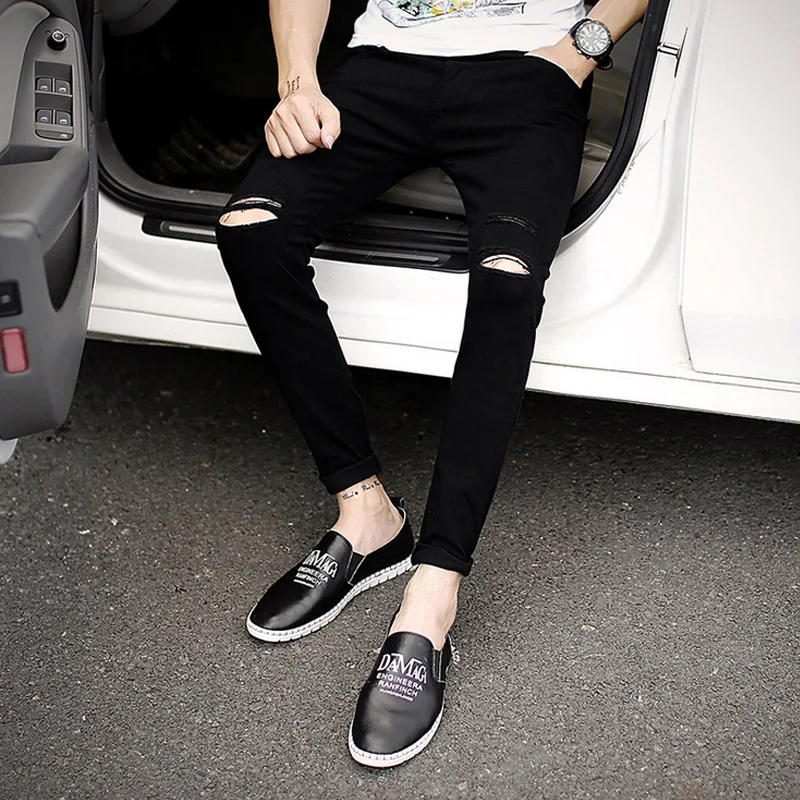New arrival Spring Summer Knee hole men cowboy hip hop street black white denim skinny jeans men teenagers Ankle length pants