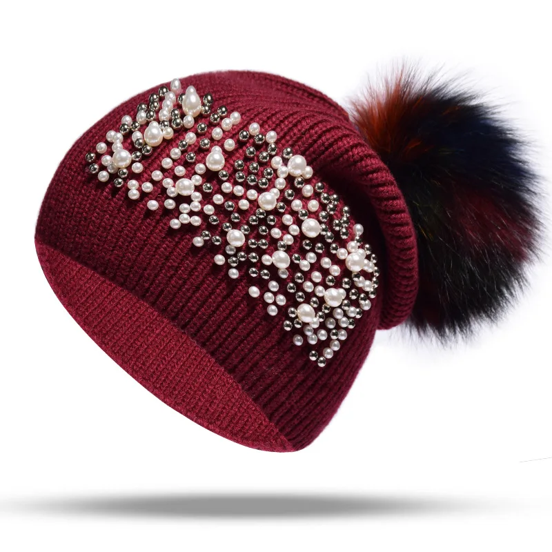 Women Winter Hat Wool Knit Raccoon Pom Pom Cap Warm Ski Outdoor Accessory  (15)