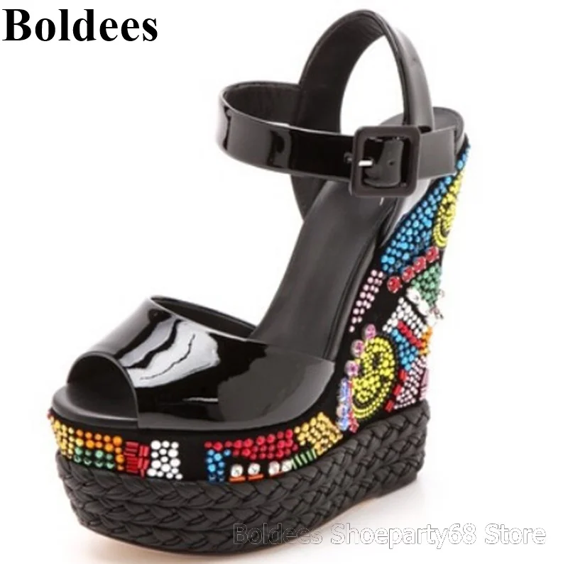 Bright Black Patent Leather Thick Platform Ankle Buckle Summer Super High Heel Sandals Women 