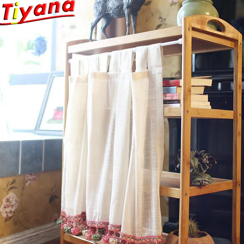 

1PCS Rod Pocket Cotton Short Curtains for Kitchen Pink/Blue Ball Decoration Ring and Sling Tulle Curtains Home Deco QT041#30