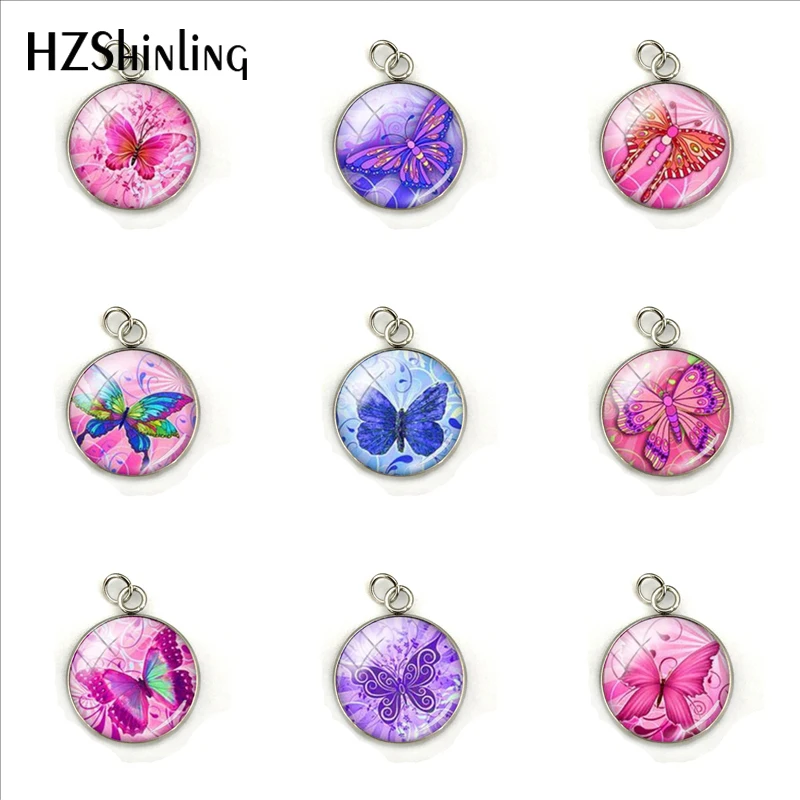 

New Red Blue Purple Beauty Butterfly Jewelry Charms Glass Cabochon Handmade Stainless Steel Plated Pendant Accessories Gifts