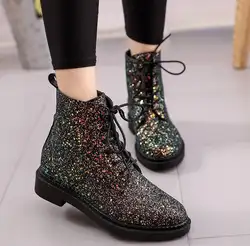 2018 осень и зима новые блестки низкие ботинки «мартенс» круглый носок ремешок женская пинетки