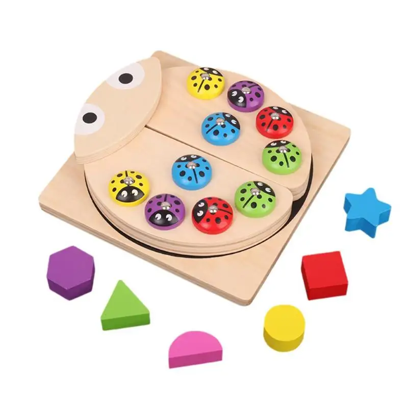 Baby Fishing Toy Set Children Magnetic Wooden Puzzle Catch Ladybug Game Baby Color Shape Cognitive Education Toys Early Learning