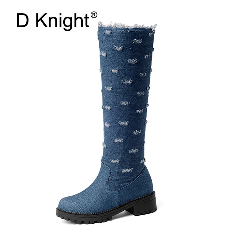 

High Quality Knee High Boots Women Soft Denim Knee Winter Boots Comfortable Warm Fur Women Long Boots Shoes Plus Size 34-52 Blue