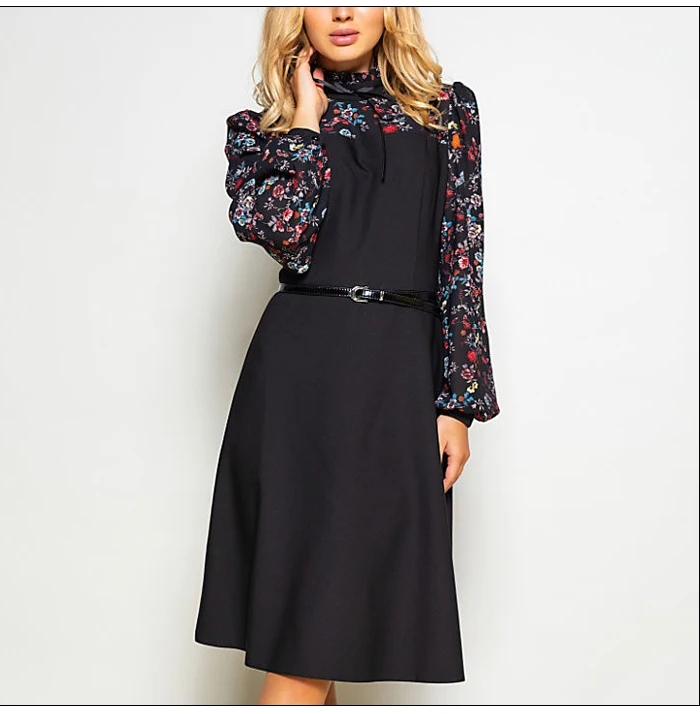 S.FLAVOR Women Autumn Winter Vintage A-line Dress NO Belt Elegant Flower Print Patchwork Dress Slim Working Dress Wear Office