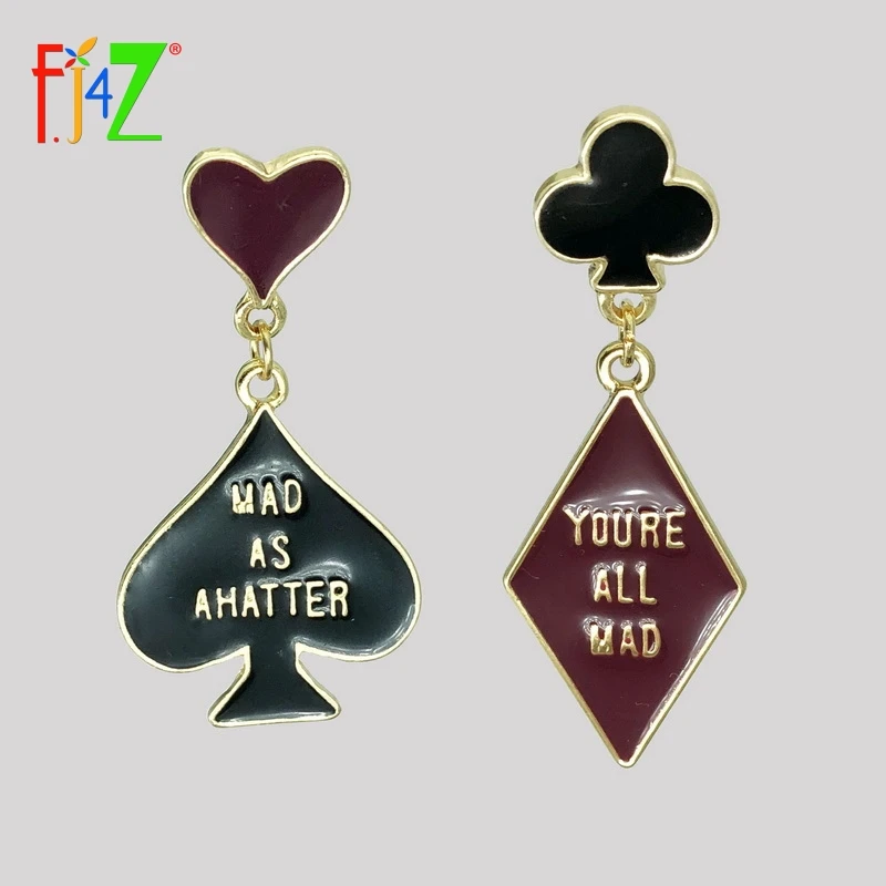 

F.J4Z New Designer Funny Earrings Enamel Poker Style With Letters Heart Club Square Spade Charm Dangling Earrings Jewelry