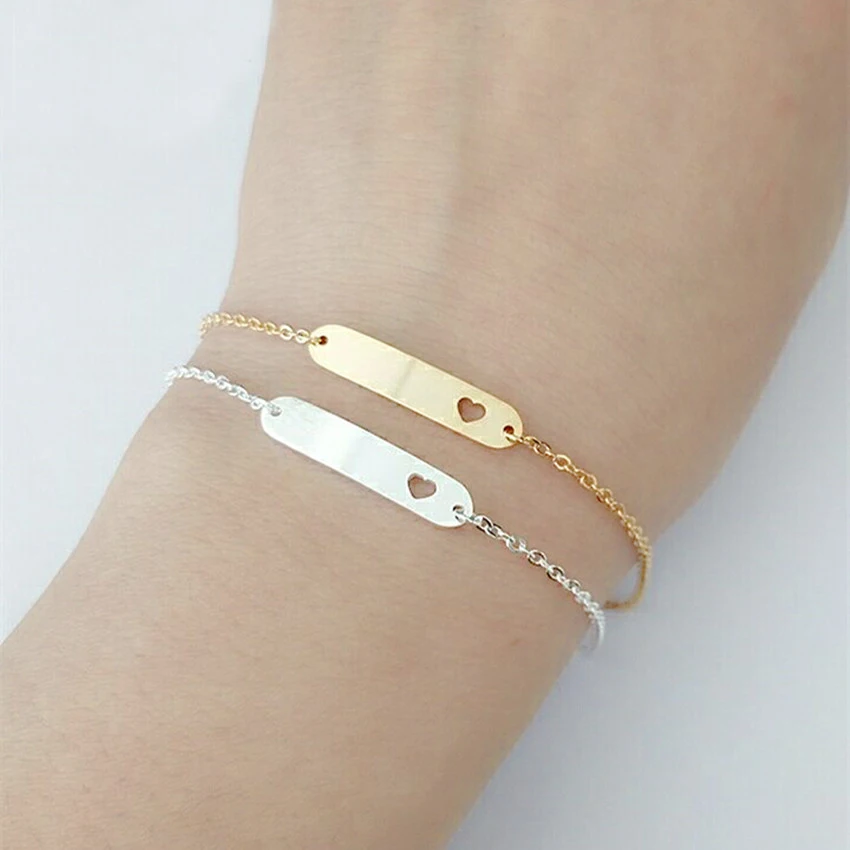 

Delicate Bar Cut Out Heart Charm Bracelet For Women Minimalism Jewelry Stainless Steel Gold Chain Friendship Bracelet Gifts BFF