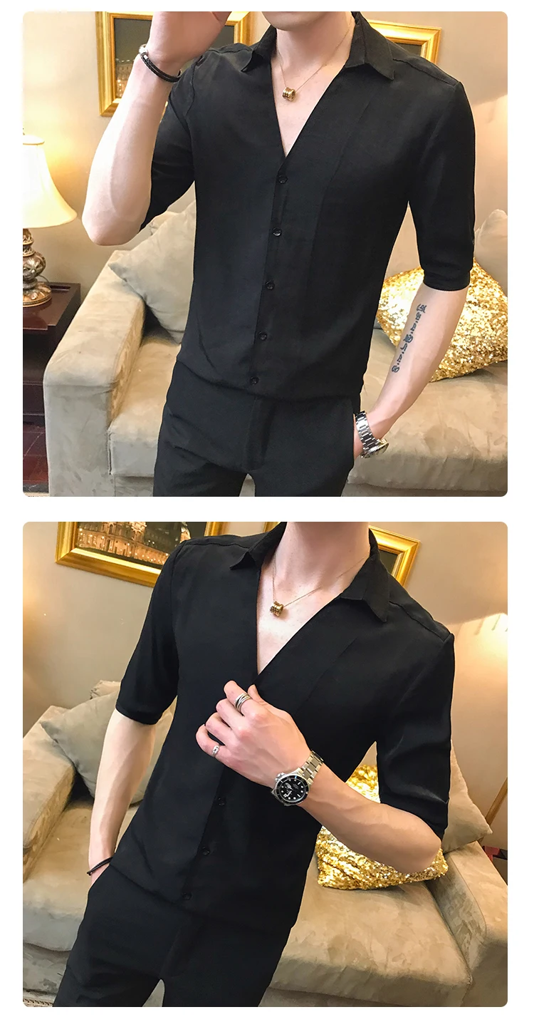 Рубашка мужская приталенная повседневная сексуальная рубашки с v-образным вырезом летняя Половина рукава сплошной цвет дизайнерская