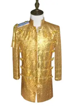 

male singer gold sequined trench coat men stage military uniform host costume male dj costume nightclub bar long suit ! S- 5XL