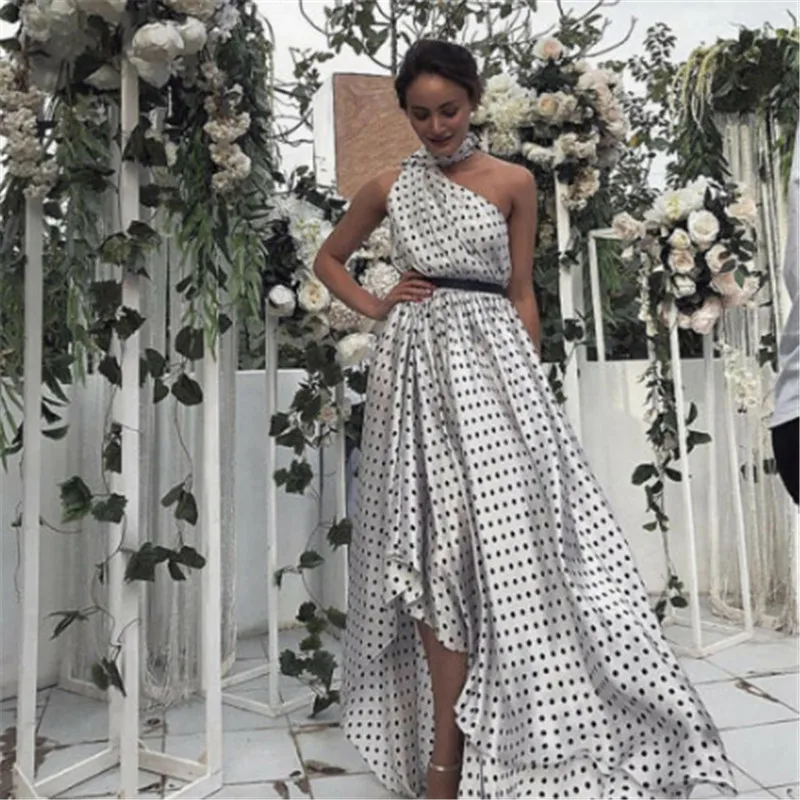 

Black White Polka Dot Summer Dress Women Sexy Elegant One Shoulder Asymmetric Point Long Dress For Women Temperament Maxi Dress
