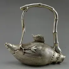 Изысканный китайский коллекционный украшенный ручной работы тибетский серебряный бамбук стреляет чайник-скульптура