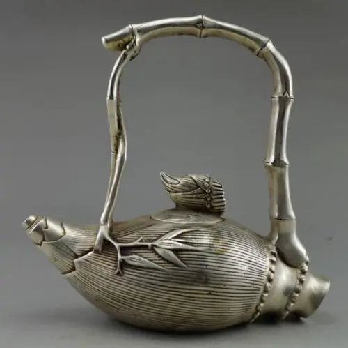 

Elaborate Chinese Collectible Decorated Handwork Tibetan Silver Bamboo Shoots Statue Teapot