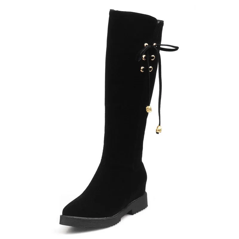 2016 Plus Size 34 43 Nubuck Knee Boots Women Knot Add Fur Autumn Winter Boots Hidden