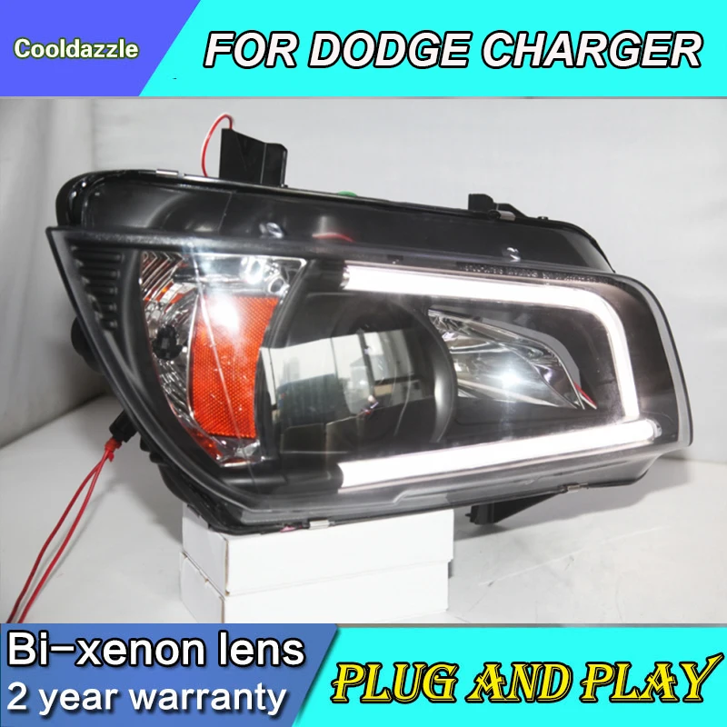 

For Dodge Charger LED Headlights LED Strip Head Lamps Black Housing 2011 2012 2013 2014 Year With Daytime Running Lights
