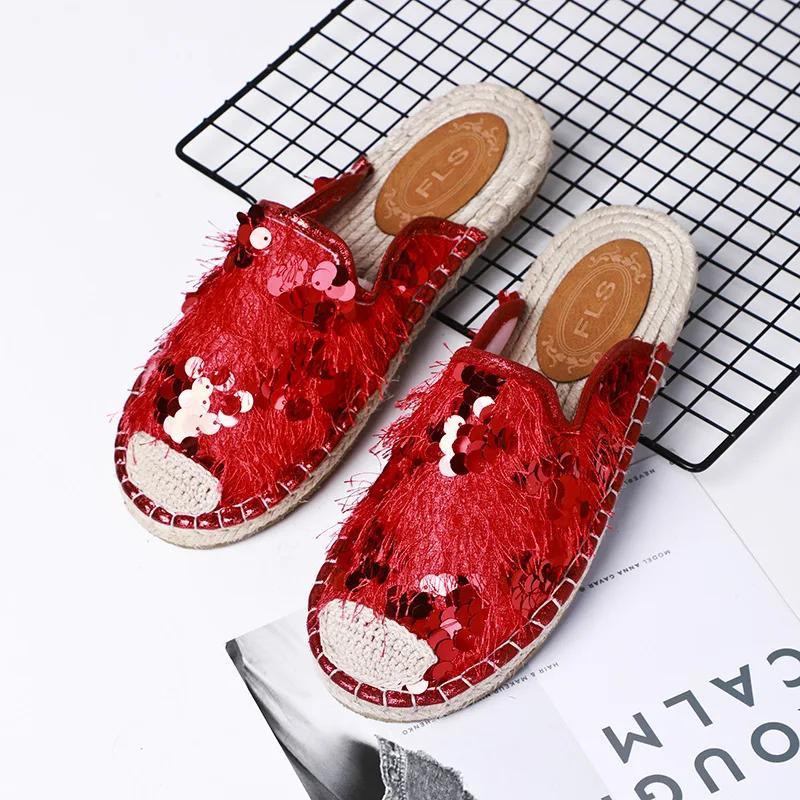 

2018 summer new sequins straw linen flat shoes women casual breathable leisure half slippers.