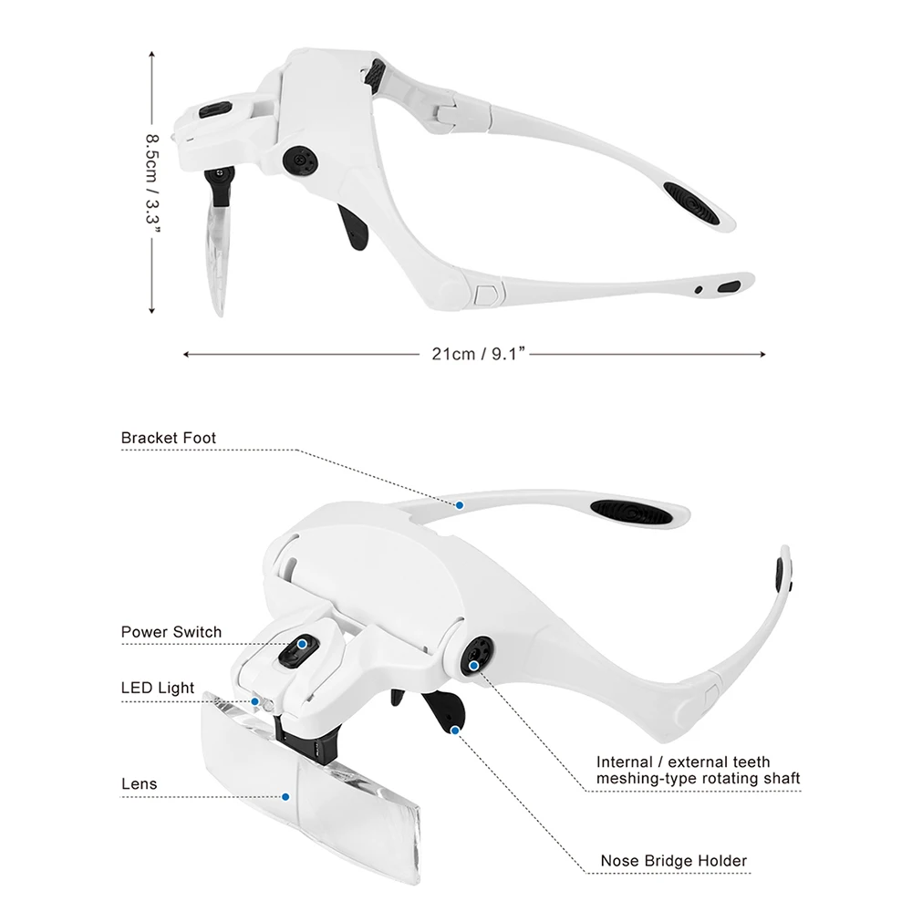 Головная повязка 2 светодиодный Лупа 1x 1.5x 2x 2.5x 3.5x Объектив Сменные очки для увеличения глаз с лампой