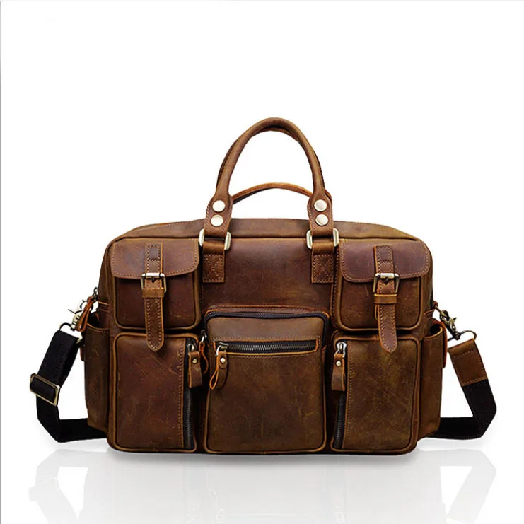 Vintage Crazy Horse Genuine Leather Travel bag Men Duffel Bag Luggage Large Laptop Handbag Tote Multi-Pocket Brown Bag 8034