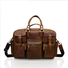 Vintage Crazy Horse Genuine Leather Travel bag Men Duffel Bag Luggage Large Laptop Handbag Tote Multi-Pocket Brown Bag 8034