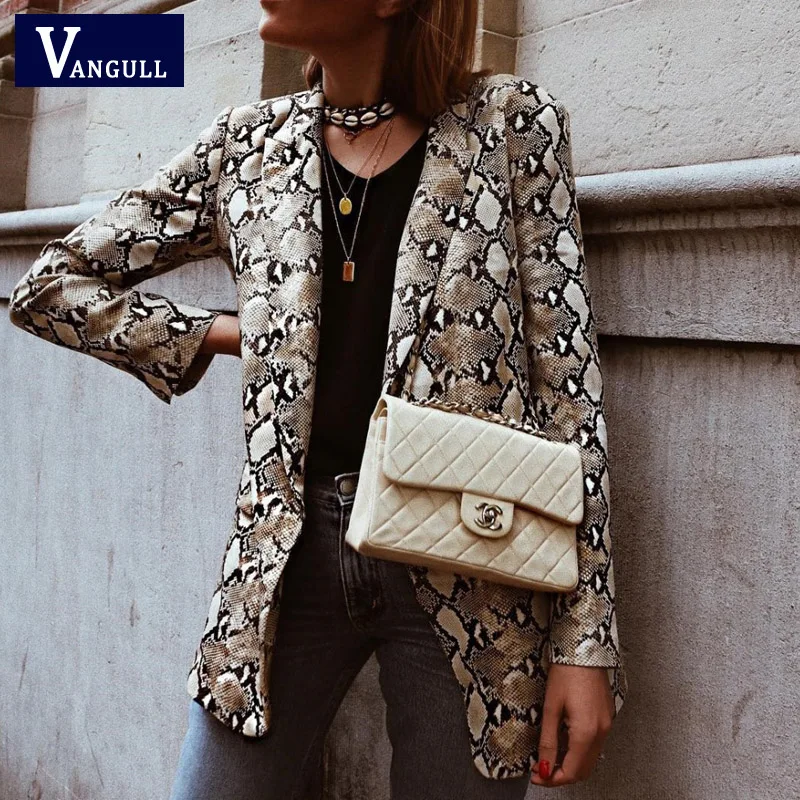 discounted  Vangull Women basic Jacket England Style Snake Print Jackets 2019 Pockets Notched Collar Long Sleev